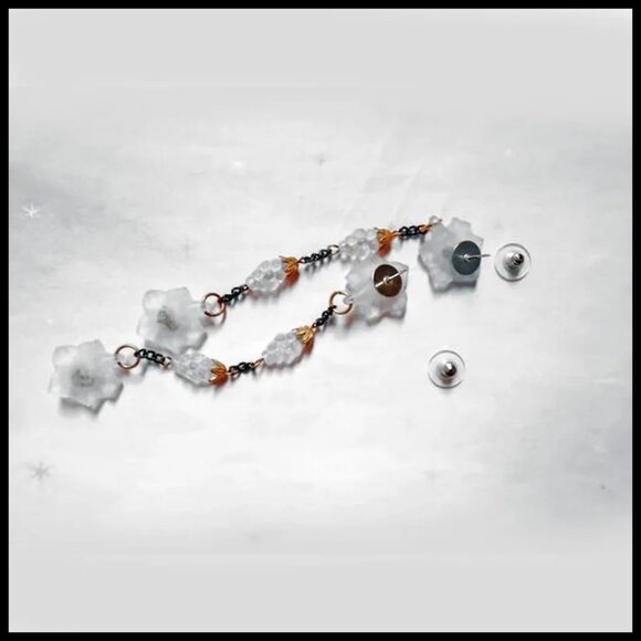 White & Black Earrings Long Dangles Lalique Look Lily, OOAK Recycled Vintag - Picture 7 of 11